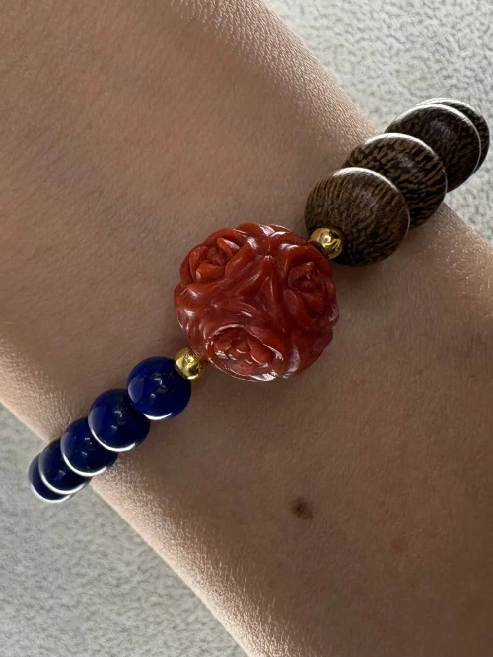 Hand-Carved Red Agate Rose Agarwood Lapis Lazuli Bracelet 18K Gold Filled 6.75